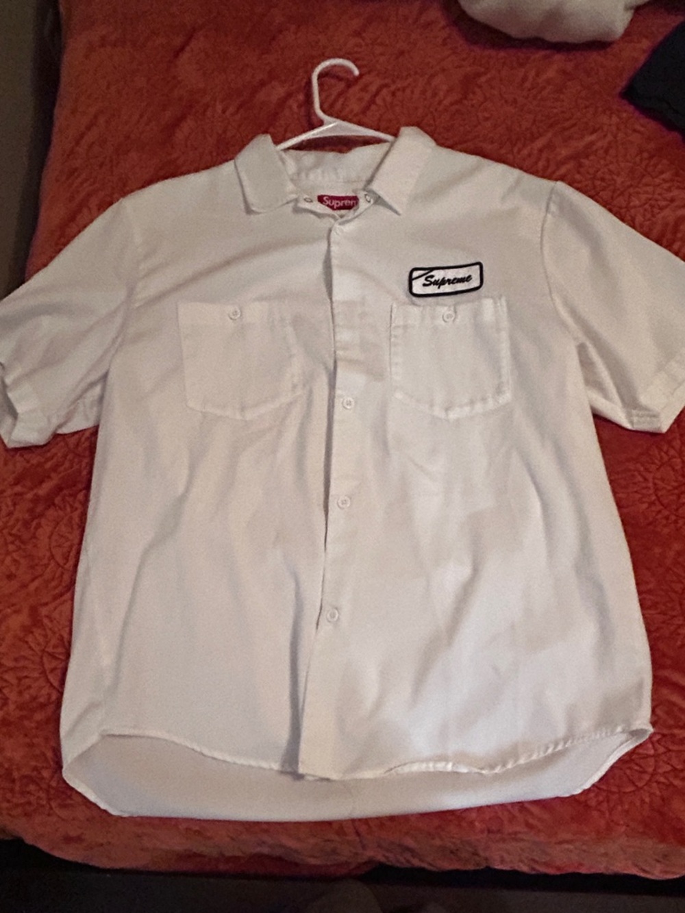 Supreme White Short Sleeve Button-Down Work Shirt with Logo Patch